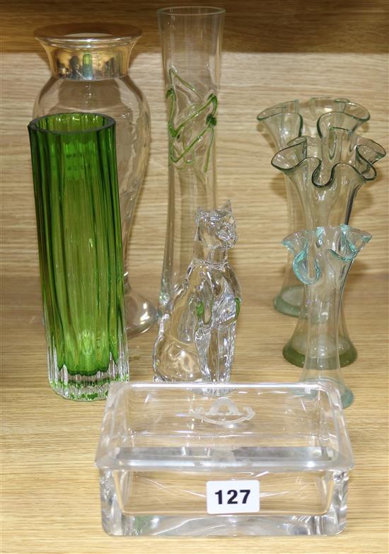 A silver rimmed glass vase and collection of assorted glassware